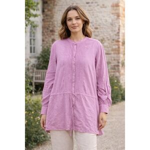 GAP Shirt Tunic Women Plus XXL Mauve Pink Button Up Long Sleeve Tie Roll Tab Top